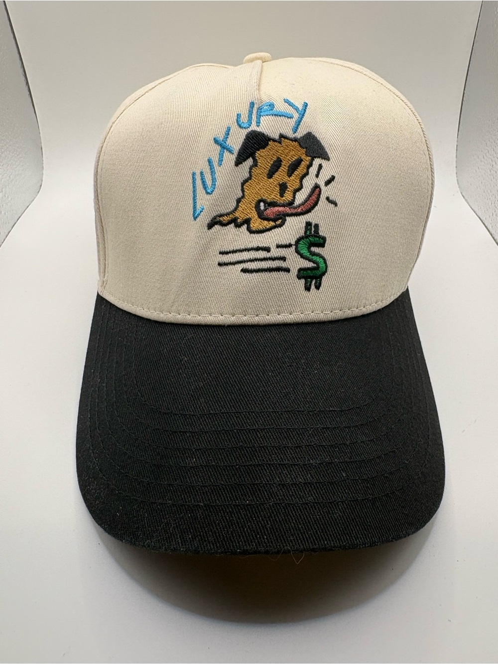 Fashion Nova Lucky Up Embroidered Graphic Snapback Hat Tan Black